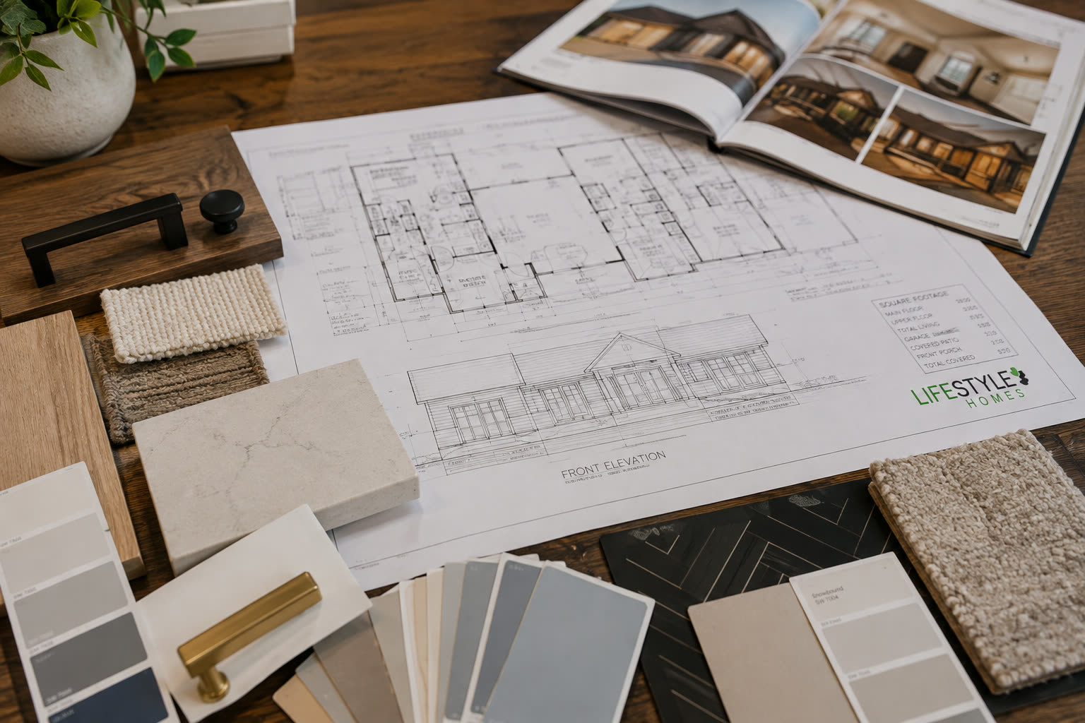 Blueprints, finish samples and hardware selections laid out during the design stage