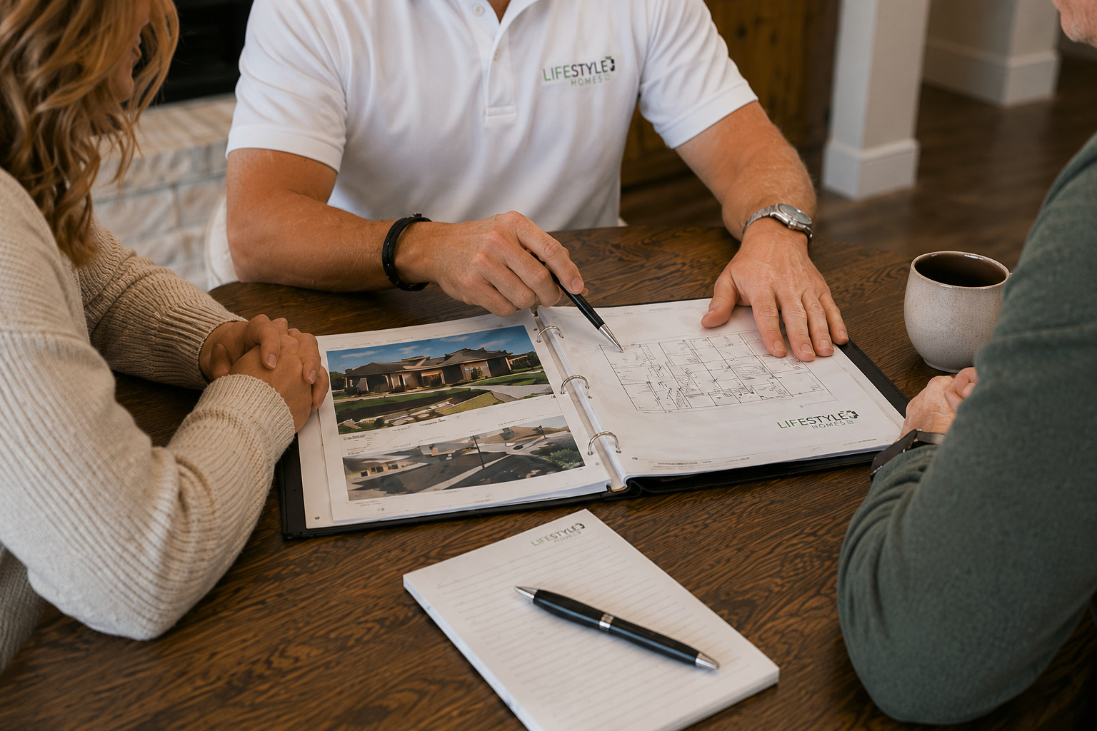Clients reviewing home plans and a project portfolio with the Lifestyle Homes team