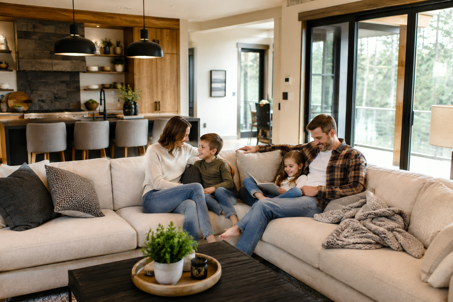 Family relaxing together in the great room of a finished Lifestyle Homes custom home