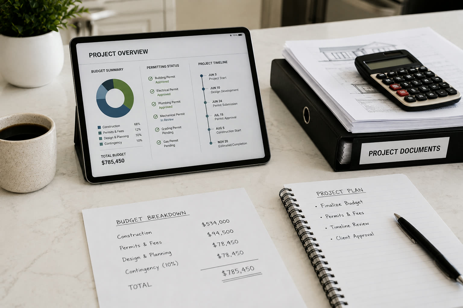 Budget and construction timeline reviewed on a tablet alongside planning documents