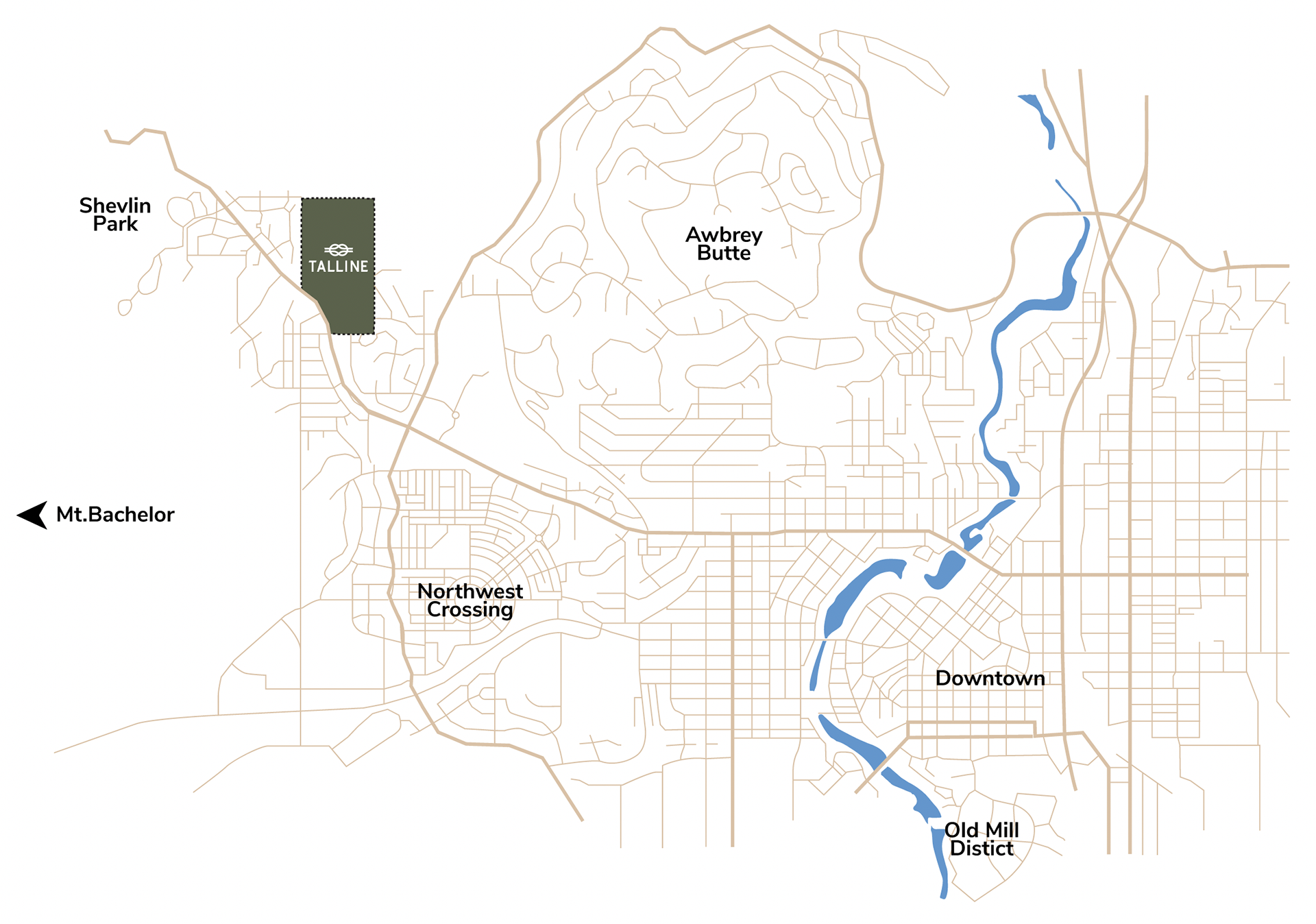 Map of Bend, Oregon showing Talline near Shevlin Park, Awbrey Butte, Northwest Crossing and downtown